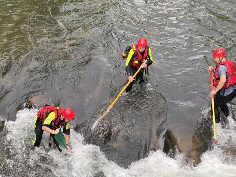 Submitted photo. Will McCracken, Isaac Williams and Tate Nichols are part of the swiftwater rescue team with Rabun County Search and Rescue. Rescuers say that speciality training they received in Texas gave them the skills they needed to navigate through the strong current and locate a missing person on the Tallulah River in June. 