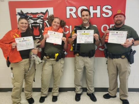 Photo courtesy of Rabun County Sheriff’s Office. School Resource Officers (SROs) from the Rabun County Sheriff’s Office were assigned to the four schools and front gate: Ana Contreras, RCES, left, Lisa Thompson, RCHS, Mike Free, Entry Control Point, and Jamie Gaston, RCMS. Not pictured: Sgt. Lindsey Owens, RCHS. 