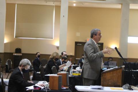 Megan Broome/The Clayton Tribune. Don Fountain questions a witness in the courtroom on Tuesday. 