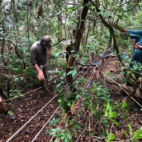 Submitted photo. Buzz Williams, a Chattooga Conservancy program associate, foreground, observes as an antique hand-carved wooden canoe is lowered down a ridge.