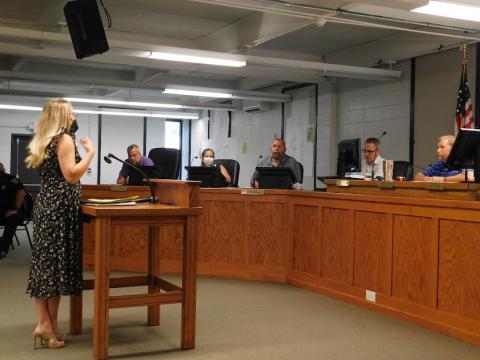 Don Fraser/CNI News Service. Amanda Harrold, Clayton City Council candidate, advised better council planning for spending if a tax hike is approved. She spoke at a Tuesday public hearing. A third and final hearing is scheduled for council’s regular monthly meeting Sept. 21. 