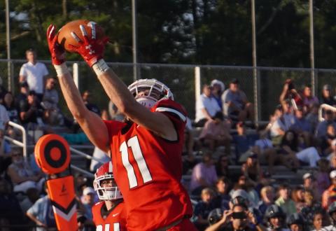 Photo courtesy of Jake Cantrell/The Dahlonega Nugget. Ethan Clarke stretches for a reception in Rabun County's lopsided win over Pace Academy last Saturday.