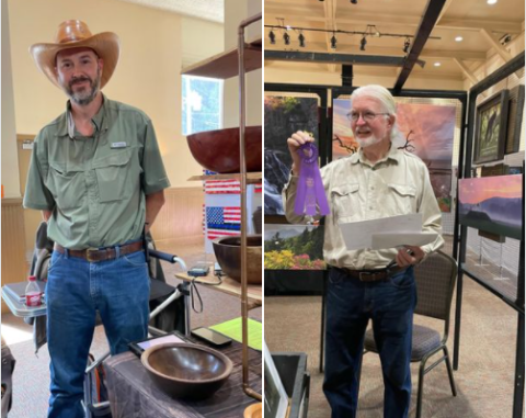 Photo courtesy of Randall Sells. From left, Michael Mason took home the ribbon for winning the Producer’s Choice Award for Best Booth at the Painted Fern Festival, hosted by the North Georgia Arts Guild and held at the Rabun County Civic Center this past weekend. Mason creates bowls and other items with his woodturning. Photographer Danny Young took home the ribbon for winning the Best of Show People’s Choice Award at the event. 