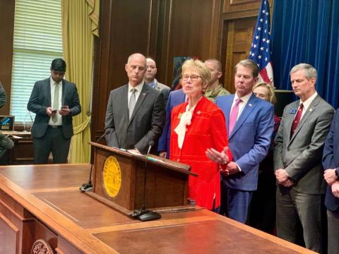 Photo by Beau Evans/Capitol Beat News Service. Georgia Public Health Commissioner Kathleen Toomey talks about coronavirus testing at a news conference on March 5, 2020.