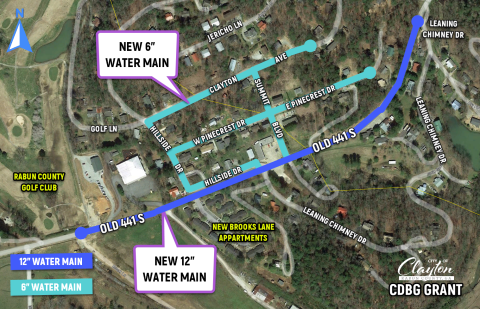 Graphic courtesy of City of Clayton Public Works Department. Clayton plans on replacing a 12-inch water main on Old Highway 441 South and a six-inch water main on Clayton Road, as well as smaller service lines in portions of south Clayton.
