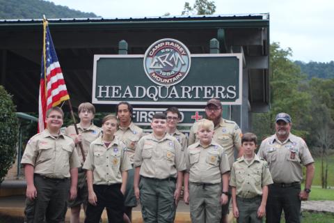 Megan Broome/The Clayton Tribune. Camp Rainey Mountain in Clayton is home to local Boy Scouts. In above photo, on the front row are Andy Leff, Tenderfoot, Nolan Houston, Tenderfoot, Lucas Daniel, Tenderfoot, Samuel Cochran, Tenderfoot, Ezra Early, Tenderfoot; back row, Grant Chartrand, first class, Britt McKissack, Life, Heron Eaton, Life, Alex Foster, Scoutmaster, Jerry McFalls, Assistant Scoutmaster. Not pictured are Jordan Ragsdale, second class, Dominic Vogelbacher, Eagle. 