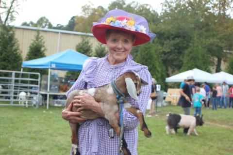 Megan Broome/The Clayton Tribune. Marywinn Lent is with a 5-week-old goat named spot at the Foxfire Mountaineer Festival last Saturday. 