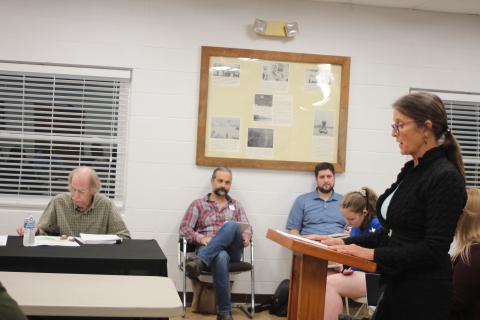 Megan Broome/The Clayton Tribune. Tallulah Falls citizen Marybeth Hughes speaks to town council members last Thursday in opposition to rezoning 1.12 and 4.577 acre parcels on River St. and Hickory Nut Mountain Rd. from Single Family Residential (R1) to Business District (BD) for the development of short-term vacation rentals by J&D Irvin Holdings, LLC. Larry Hamilton, council member, left, and Clint and Brian Irvin, of J&D Irvin Holdings, LLC, back, listen to public comment on the matter. 