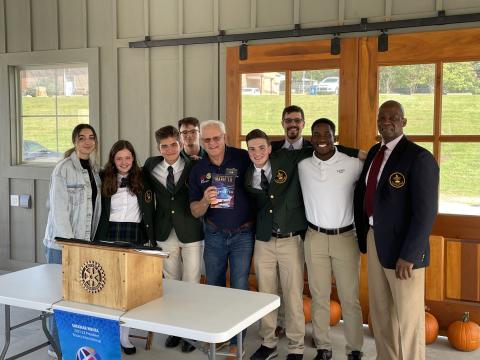 Students at Rabun Gap-Nacoochee School attend the Clayton Rotary Club meeting Oct. 14 to talk about their progress working with mentor Mason West III  in a program that allows students to work with peers in Egypt to tackle global challenges. Pictured (from left) are Ana Baptista; Juliette Teutsch; Omar Zermenonunez; Brady Roulier; Jef Fincher; Rotary Club of Clayton President Edwin Wood; Eric Vogelbacher; Rotarian, Assistant Director of Development for Rabun Gap-Nacoochee School Donell Irungo;Mason West III