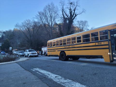 Megan Broome/The Clayton Tribune. A Rabun County school bus was involved in a four-vehicle accident in Clayton Monday morning. No injuries were reported from the accident. A Clayton man is charged with DUI and failure to maintain lane as a result. 