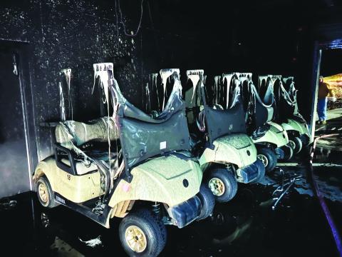 Photo courtesy of Rabun County Fire Services. Multiple golf carts were destroyed during a fire at the Rabun County Golf Course Pro Shop and Wildcat Grill in Clayton Dec. 23. Heat and smoke damage to the building also resulted from the fire. The fire appeared to be accidental and originated due to an electrical issue with a golf cart on the property, according to the Office of Commissioner of Insurance and Safety Fire. 