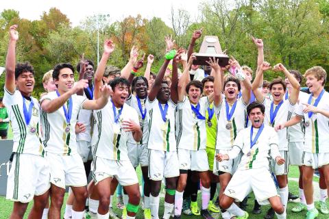 Photo courtesy of Rabun Gap-Nacoochee School. A very happy Rabun Gap-Nacoochee boys soccer team defeated Carmel Christian to claim the North Carolina Independent Schools Athletic Association state championship in November. 