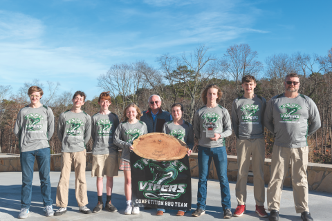 Photo courtesy of Tallulah Falls School. Pit Vipers members are (from left) Jake Owensby, Joel Bourlet, Matthew Wolfe, Lily Turpin, President and Head of School Larry A. Peevy, Brooke Hayes, Zach Freeman, Teyrk Tilley and Head Pitmaster Tom Tilley. Not shown is Marc Crotta. 