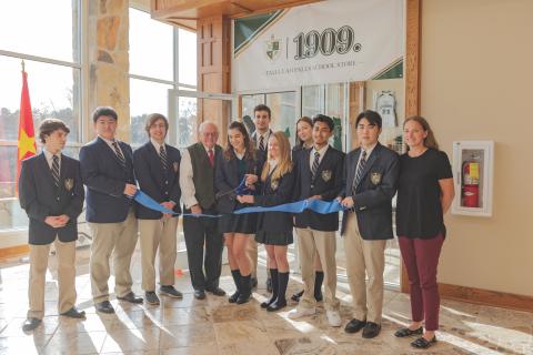 Photo courtesy of Tallulah Falls School. Colton Augustine (from left) are Yukun “Tom” Fu, Andrew Erwin, President and Head of School Larry A. Peevy, Mara Radovic, Milos Vico, Ashli Webb, Ninel Tarasova, Nafis Rahman, Zeyu Fang and teacher Jennifer Cox. 