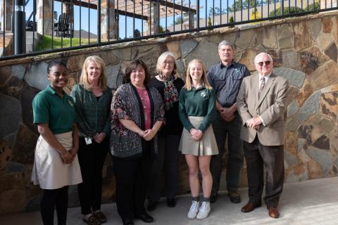 E. Lane Gresham/Tallulah Falls School. Tallulah Falls School recognized outstanding faculty, staff and students for 2021 at a Dec. 15 assembly. Shown, from left, are Kaylin Pickett, Deborah Morrison, Heather Henriques, Sonya Smith, Ball, Steve Hudson and President and Head of School Dr. Larry A. Peevy. 