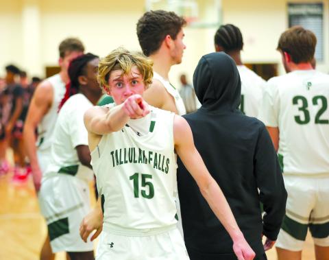 Photo courtesy of Austin Poffenberger. Senior Gavin Page displays his emotions during the Tallulah Falls 60-50 victory over visiting Athens Christian on Jan. 24. Page, Charlie Cody, George Ketch and Milos Vico were honored Tuesday night on senior night.