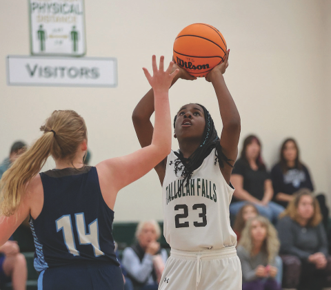 Photo courtesy of Austin Poffenberger. TFS’s Narissa Dawson elevates her shot for the Lady Indians.