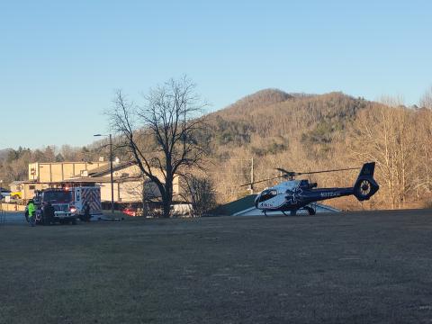 Megan Broome/The Clayton Tribune. A Dillard man was transported by Air Life helicopter to Grady Memorial Hospital after sustaining burns while attempting to stomp out a hay bale fire Feb. 8.