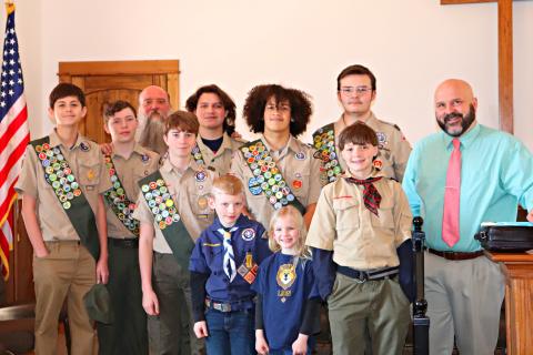 Photo courtesy of Lisa Broz. Picture are: (Front row) Emmit Watts, Brycen Deason, Jasmine Deason, and Garrett Gragg; (Back row) Chauncey Nalley, Quinn Weingartz, Scoutmaster Ron Broz, Alex Dixson, Ben McKissack, Liam Broz and Persimmon Baptist Pastor Avery Lawrence