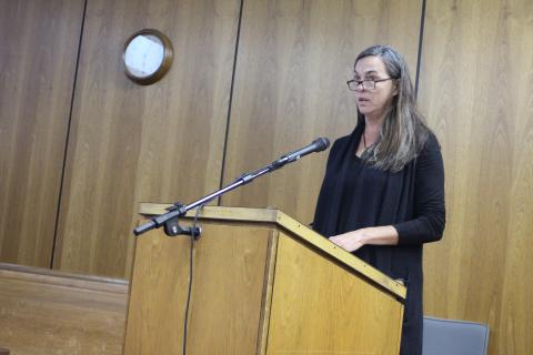 Megan Broome/The Clayton Tribune. Sarah Gillespie speaks to Rabun County Commissioners about the need for mental health resources in the community on behalf of Georgia Mountain Psychological Associates (GMPA) at the Commissioner meeting Tuesday. 