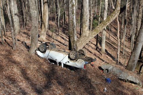 Megan Broome/The Clayton Tribune. A Hiawassee man died in a one-vehicle crash on Highway 76 west of Clayton near Turkey Gap Rd. Monday. 