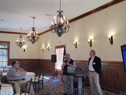 Megan Broome/The Clayton Tribune. Rabun County Commissioners Kent Woerner and Scott Crane were guest speakers at the Rabun County Republicans meeting Feb. 12 and talked about developments in Rabun County. Ed Henderson, GOP Secretary, is also pictured. 