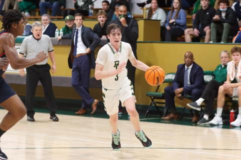 RGNS Athletics. RGNS Eagle Theo Antinori charges to the basket at home.