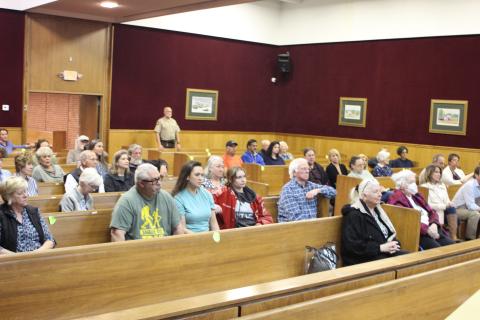 Megan Broome/The Clayton Tribune. A hearing at the Rabun County Planning and Zoning Commission meeting March 28 turned out a packed room as the Rabun County Planning and Zoning Commission unanimously voted to recommend denial of a rezoning request for property off of Highway 76 East from Agricultural (A) to Commercial Business (CB) for the purpose of building storage units. 