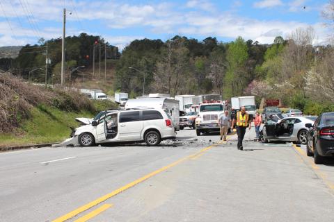 Megan Broome/The Clayton Tribune. Rabun County and Habersham County Emergency personnel work a three-vehicle serious injury crash on Ga. 15 in Tallulah Falls Thursday afternoon. One was airlifted following the crash. Left photo: Enoch Autry/The Clayton Tribune. A three-vehicle crash on Ga. 15 in Tallulah Falls Thursday afternoon resulted in serious injuries. One was airlifted following the crash.