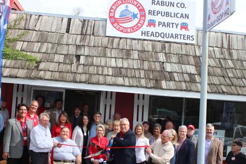 Megan Broome/The Clayton Tribune. The Rabun County Republican Party hosts its grand opening ribbon cutting for its new headquarters in downtown Clayton and 41 East Savannah Street on April 14. 