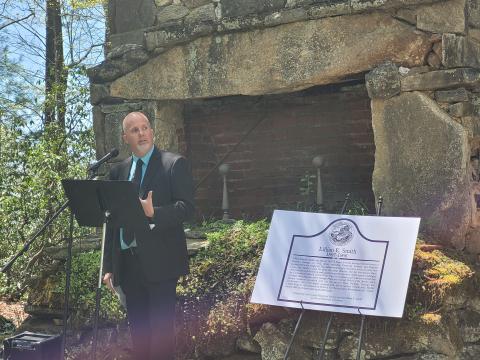 Megan Broome/The Clayton Tribune. Matthew Teutsch, director of the Lillian E. Smith Center, speaks at the dedication and unveiling of the Georgia Civil Rights Trail historical marker recognizing writer and activist Lillian Eugenia Smith on April 20. It was erected by the The Georgia Historical Society (GHS) in conjunction with the Lillian E. Smith Center at Piedmont University. 