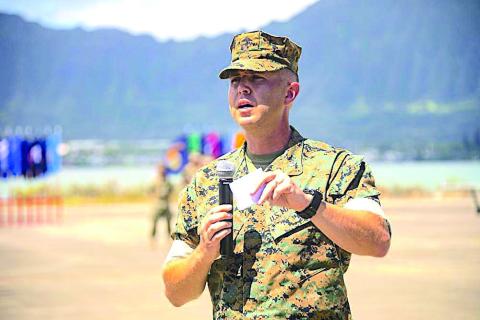 Submitted photo. Lt. Col. Nicholas B. Law addresses the crowd and marines gathered for the change of command ceremony on June 3.
