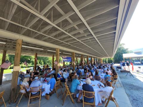 Megan Broome/The Clayton Tribune. About 200 people attended the Fourth Annual Blue BBQ hosted by the Rabun County Democrats at the Rabun County Pavillions in Clayton July 23. Attendees listened to guest speakers who are part of the local and state Democratic parties and heard the campaign platforms for candidates running for office. 