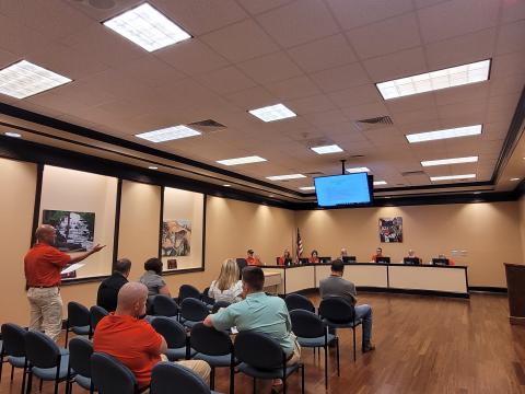 Megan Broome/The Clayton Tribune. Scott Crane, safety coordinator for Rabun County Schools, addresses Board of Education members at the July 21 meeting to go over safety protocols for the upcoming school year. 