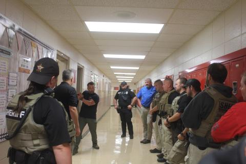 Megan Broome/The Clayton Tribune. Law Enforcement Officers received training to remain proficient in firearms, building clearing and incident response measures in the event of an active shooter at Rabun County Schools and the shooting range last week. This was part of the week-long active shooter response training that happens every year in Rabun County. RCSO Deputies spent the entire summer training and preparing for students to head back to school Aug. 5. 