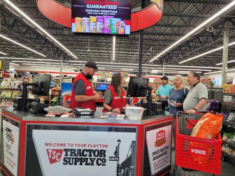 Megan Broome/The Clayton Tribune. Megan Broome/The Clayton Tribune. Rich Mallicote, Patty Mallicote and Conner Horn are some of the first handful of customers to make purchases at the new Tractor Supply store in Clayton. The customers are helped by Store Manager Chris Menius and Angie Remsen. Tractor Supply, Co. held its Grand Opening and Ribbon Cutting event with Forward Rabun and the Rabun County Chamber of Commerce on July 29. The new store features a greenhouse and dog/pet washing station.