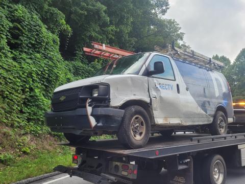 Megan Broome/The Clayton Tribune. A view of one of the vehicles after a two-vehicle crash on Georgia Highway 246 at the intersection of Scenic Overlook in Sky Valley on Aug. 19. 