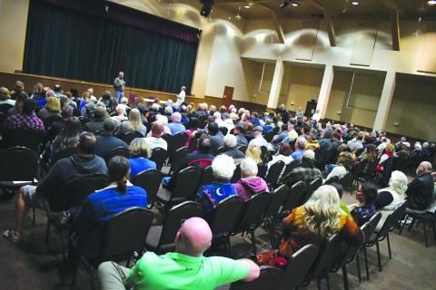Enoch Autry/The Clayton Tribune. Over 200 attended Tuesday’s public forum as dozens spoke about the Rabun County Commission’s proposed Short-Term Rental Ordinance. The forum stayed to its set 90-minute time, but more wanted to speak. Commissioner Scott Crane with Commissioner Kent Woerner hosted the event. 