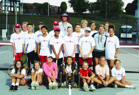 Submitted photo. The Rabun County Middle School tennis teams were victorious in their playoffs. The winning teams’ members are (front from left) Vada Fallon, Jewels Hutcheson, Adelyn Thompson, AddyBeth Owens, Ky Thompson, Sophie Provance and Amilia Potts. In the middle row are Lawson Beck, Cobe Smith, Noel Vasquez, Jack Getty, Rett Walker Potzner, Drake Duchaine, Emma Krivsky and Ella Weber. In the back row are Max Cox, Andrew Conner, Lleyton Phillips, Coach Bryan Getty, Jaxon Fisher, Landan Bedingfield, Br
