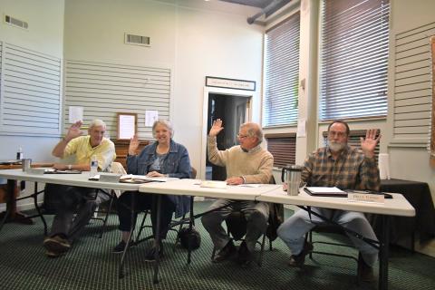 Megan Broome/The Clayton Tribune. Sky Valley Council members vote to adopt the 2022 millage rate of 12.9914 and 2023 budget at a special called meeting Sept. 27. Pictured are Council Member Tony Allred, Mayor Hollie Steil, Council Member Jim Curtis and Council Member Bruce Turner. Council Member Bill Oliver was not present due to a medical procedure. 