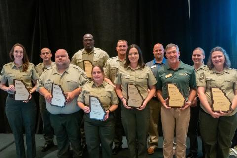Submitted photo. Pictured are honored park and historic site managers Lieren Merz, Bud Fuller, Jason Carter, Desmond Timmons, Gretchen Greminger, Tyler Sims, Katherine Darsey, Chris Lockwood, Karl Gross, Carol Sanchez and Jamie Madden. Merz (far left) is the manager with Tallulah Gorge State Park and Tallulah Falls, which tied with Wormsloe State Historic Site for the “Retail Award.”