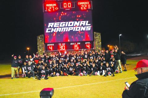 Enoch Autry/The Clayton Tribune. The No. 3-ranked RCHS Wildcats completed a perfect 10-0 regular season with their 27-22 win over visiting Commerce on Oct. 28 for the school’s ninth consecutive region championship. RCHS, a state playoff No. 1 seed who has won 50 straight region games, now awaits the yet-to-be-determined No. 4 seed from Region 7 for the Class A Division I postseason opener on Nov. 11 in Tiger.