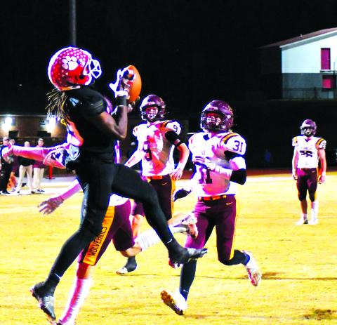 Enoch Autry/The Clayton Tribune. RCHS junior Willie Goodwyn pulls in his second touchdown reception of the game against Dade County in the Wildcats’ 47-7 first-round of the state playoffs.