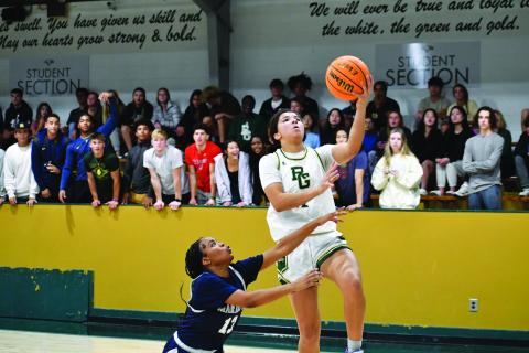 Luke Morey/The Clatyon Tribune. Senior Francesca Cergol goes up for a basket against Marietta on Wednesday night.