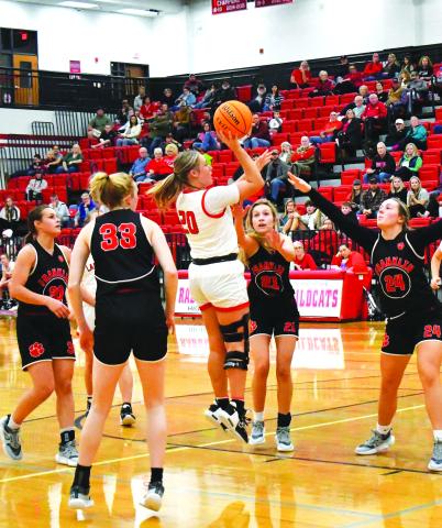 Luke Morey/The Clayton Tribune. Junior Ellie Southards goes up for a shot against Franklin on Saturday, Dec. 10. Southards scored 13 in the game and is averaging 17 on the season. 