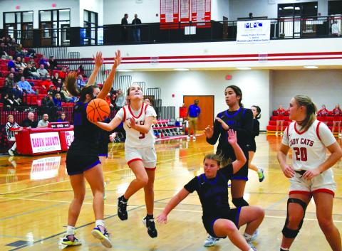 Luke Morey/The Clayton Tribune. With junior Ellie Southards looking on, senior Trea Blalock hits a layup against Walhalla on Friday, Dec. 16. A consistent starter for the Lady Cats, Blalock scored nine points and seven boards on the night. 