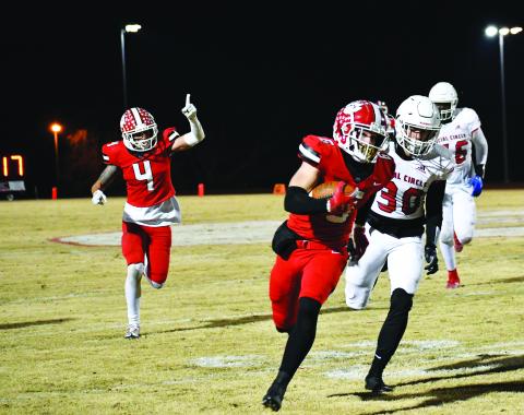 Luke Morey/The Clayton Tribune. Senior wide receiver Jaden Gibson takes an out route to the house in a GHSA Playoff game against Social Circle on Friday, Nov. 18. Gibson was named to the All-State team on Monday, Jan 9. 