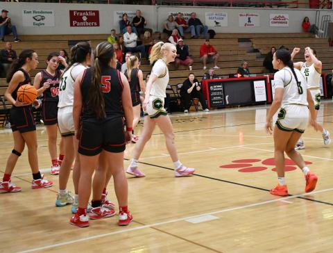 Luke Morey/The Clayton Tribune. Junior Monna Julkunen (center) celebrates with her teammates after an and-1 basket against Baylor School on Saturday, Jan. 21. Julkunen ended with 14 points to lead the Eagles to a 64-60 victory. 