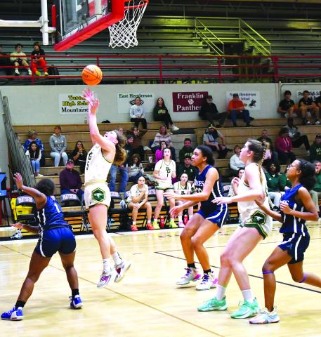 Luke Morey/The Clayton Tribune. Junior Kornelia Ignerska goes up for a layup in the second half against Asheville on Saturday, Jan. 7. Ignerska helped lead the Lady Eagles to a 72-34 victory with nine assists and six points. 