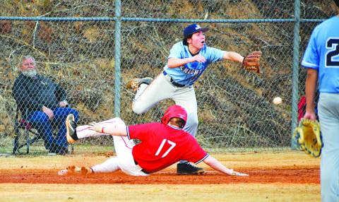 Luke Morey/The Clayton Tribune. RCHS’s Elvis Hunt slides into third base in the second inning against Johnson on Tuesday, Feb. 21. Hunt and the WIldcats won 18-3 for their second victory of the season. The Wildcats next play at Stephens County on Saturday, Feb. 25.